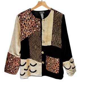 Indigo Moon Colorblock Abstract Animal Print Button Up Women’s Jacket Size L